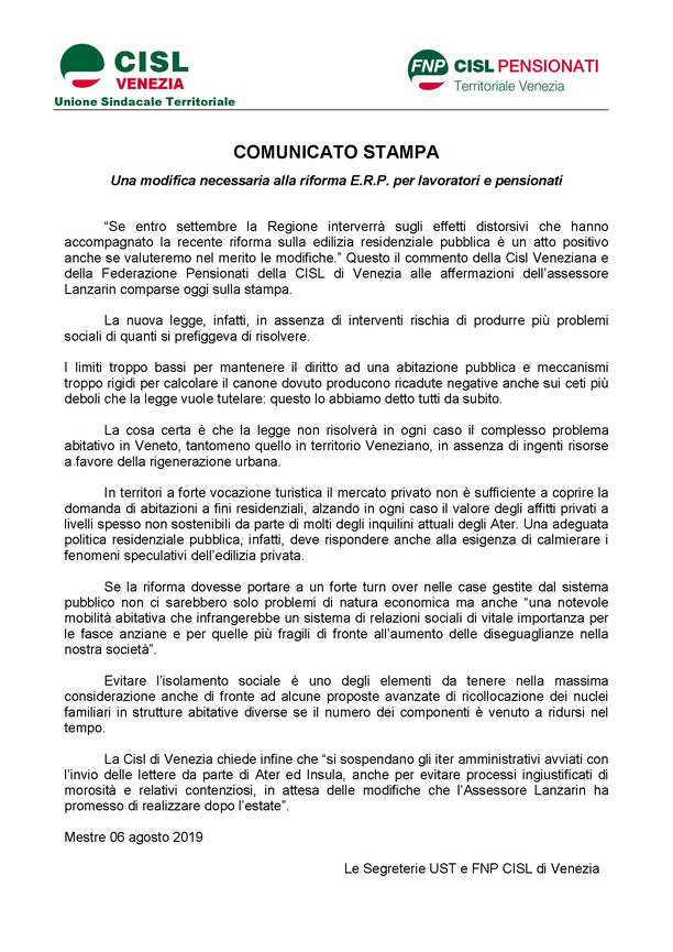 UST FNP Venezia Comunicato Stampa ERP